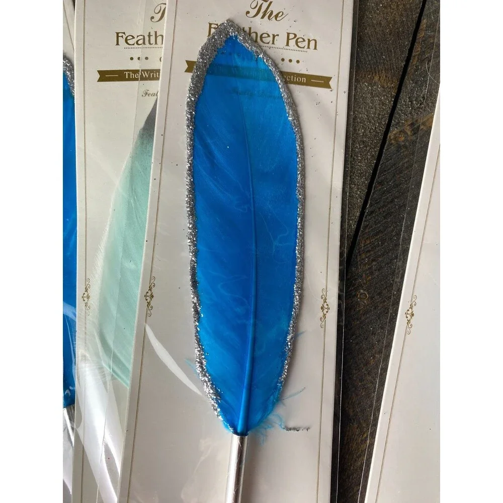 6 Pk Feather Teal & Blue Decorated Ballpoint Pens Black Ink Guest Book Wedding